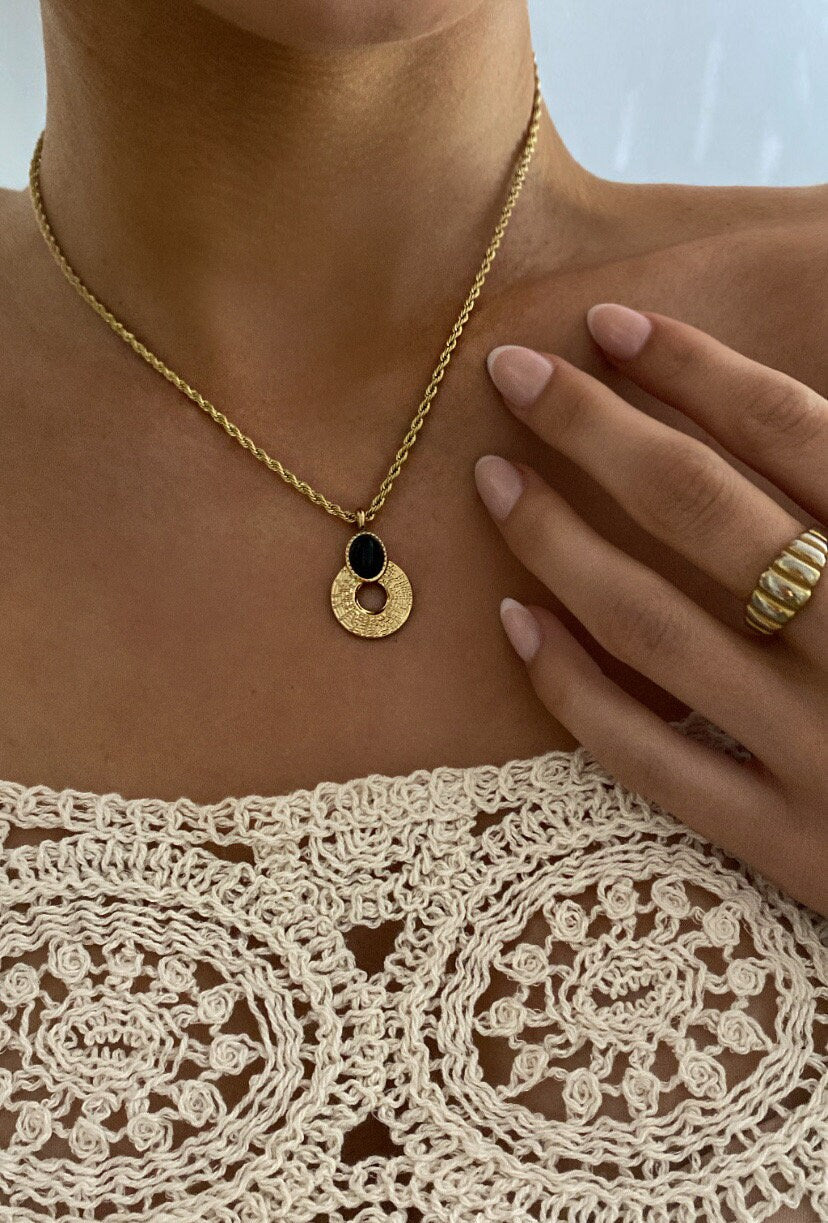 CASSIDY | Halskette | Anhänger Stein | Boho-Stil | Edelstahl | 14 Karat Vergoldung | Wasserfest