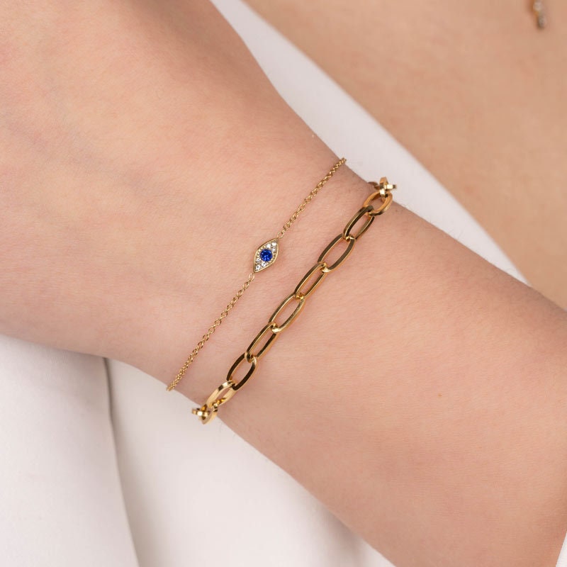 NORA | Armband | Auge blau | Bracelet | Schlicht | Minimalistisch | Edelstahl | 14 Karat Vergoldung | Wasserfest