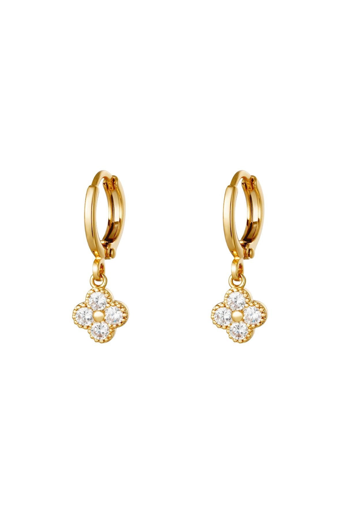 CLOVER | Ohrringe | Kleeblatt | Huggies-Hoops | Creolen Blumen Zirkonia | Edelstahl | 14 Karat Vergoldung | Wasserfest