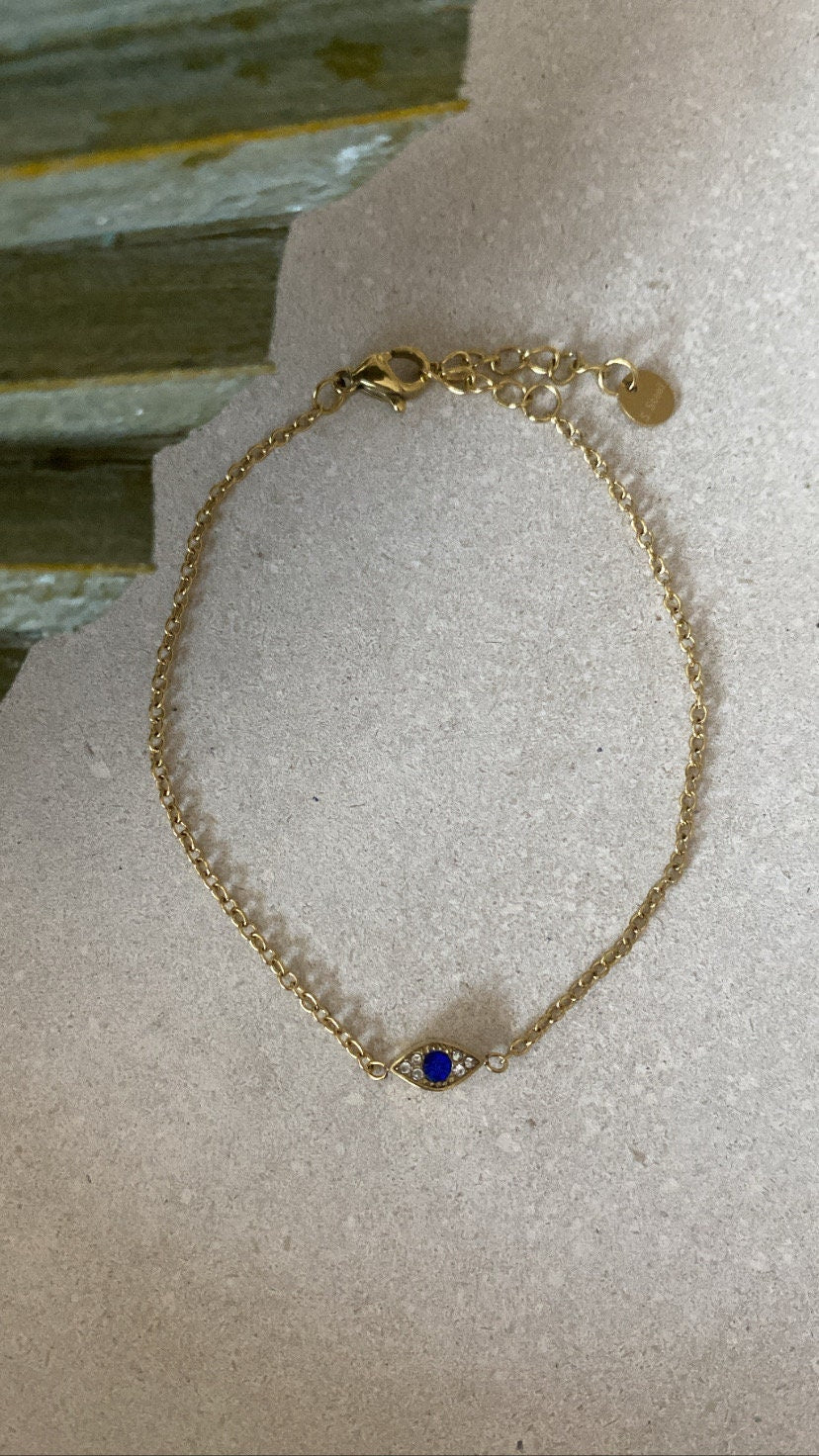 NORA | Armband | Auge blau | Bracelet | Schlicht | Minimalistisch | Edelstahl | 14 Karat Vergoldung | Wasserfest