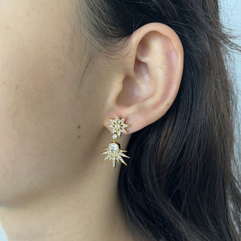 STAR | Ohrringe | Hängeohrringe | Zirkonia Stern | Glitzersteine | Edelstahl | 14 Karat Vergoldung | Wasserfest