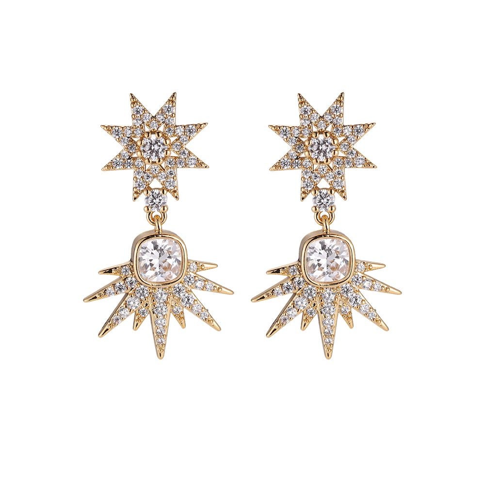STAR | Ohrringe | Hängeohrringe | Zirkonia Stern | Glitzersteine | Edelstahl | 14 Karat Vergoldung | Wasserfest