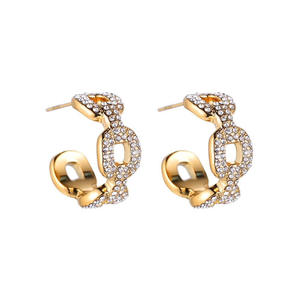 LUCKY | Ohrringe | Hoops C-förmig | Zirkonia Kette | Glitzersteine | Edelstahl | 14 Karat Vergoldung | Wasserfest