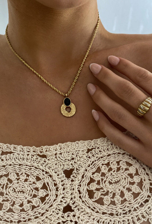 CASSIDY | Halskette | Anhänger Stein | Boho-Stil | Edelstahl | 14 Karat Vergoldung | Wasserfest