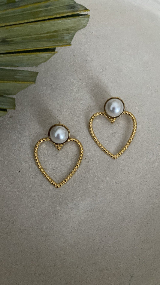 LOVIS | Ohrringe | Herz groß | Perle | Pearl Perlmutt | Edelstahl | 14 Karat Vergoldung | Wasserfest