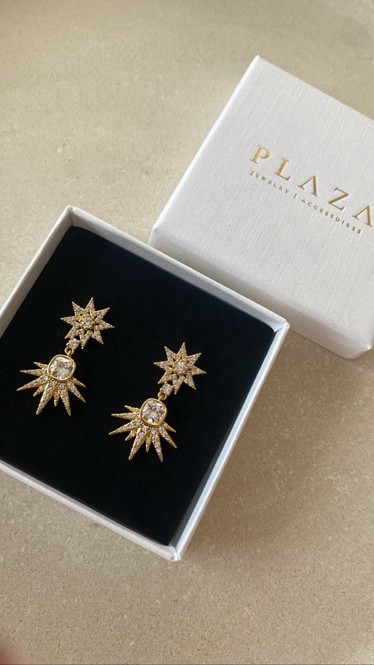 STAR | Ohrringe | Hängeohrringe | Zirkonia Stern | Glitzersteine | Edelstahl | 14 Karat Vergoldung | Wasserfest